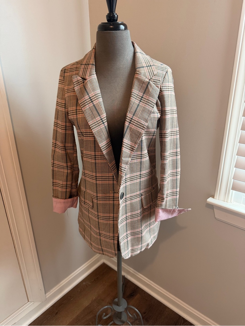 SHEIN Plaid Blazer with Pink Cuff Detail